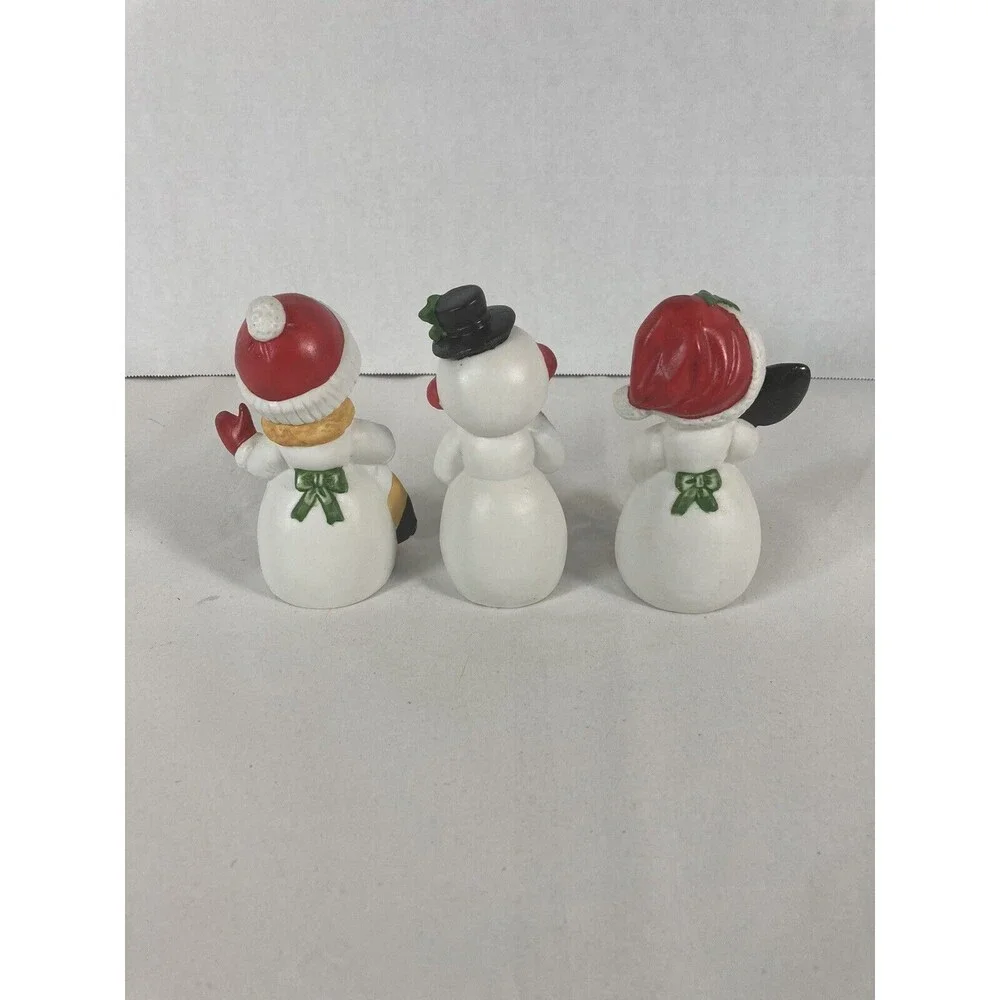 Porcelain Bisque Snowmen Set of 3 Shovel Stocking Candy Cane Vintage Taiwan Xmas